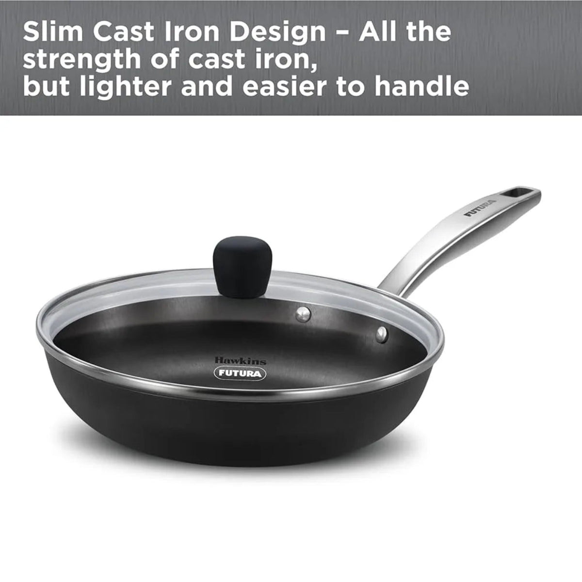 Futura By Hawkins Induction Compatible Futura Ironman 22 cm Slim Cast Iron Frying Pan with Glass Lid (IMF22G)