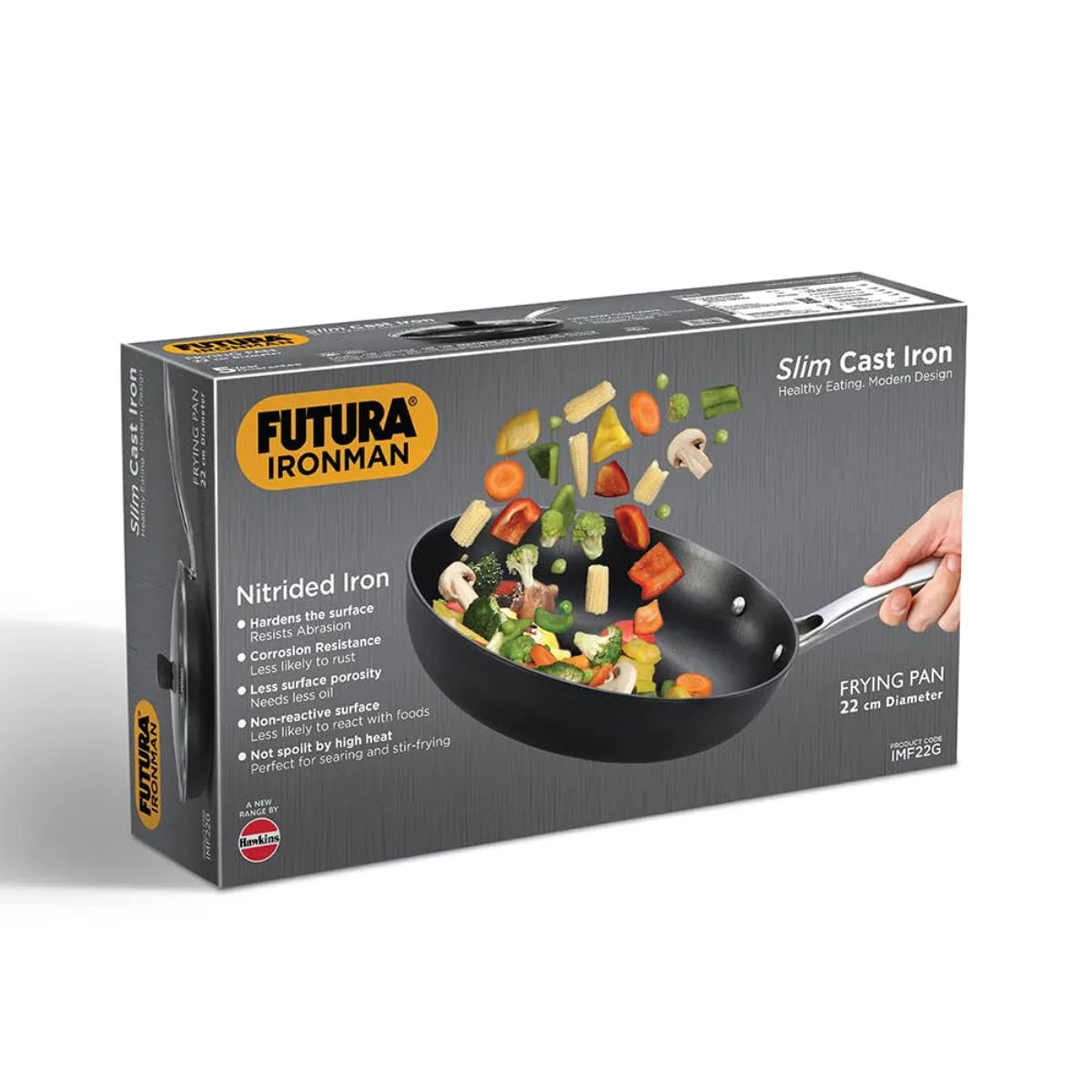 Futura By Hawkins Induction Compatible Futura Ironman 22 cm Slim Cast Iron Frying Pan with Glass Lid (IMF22G)