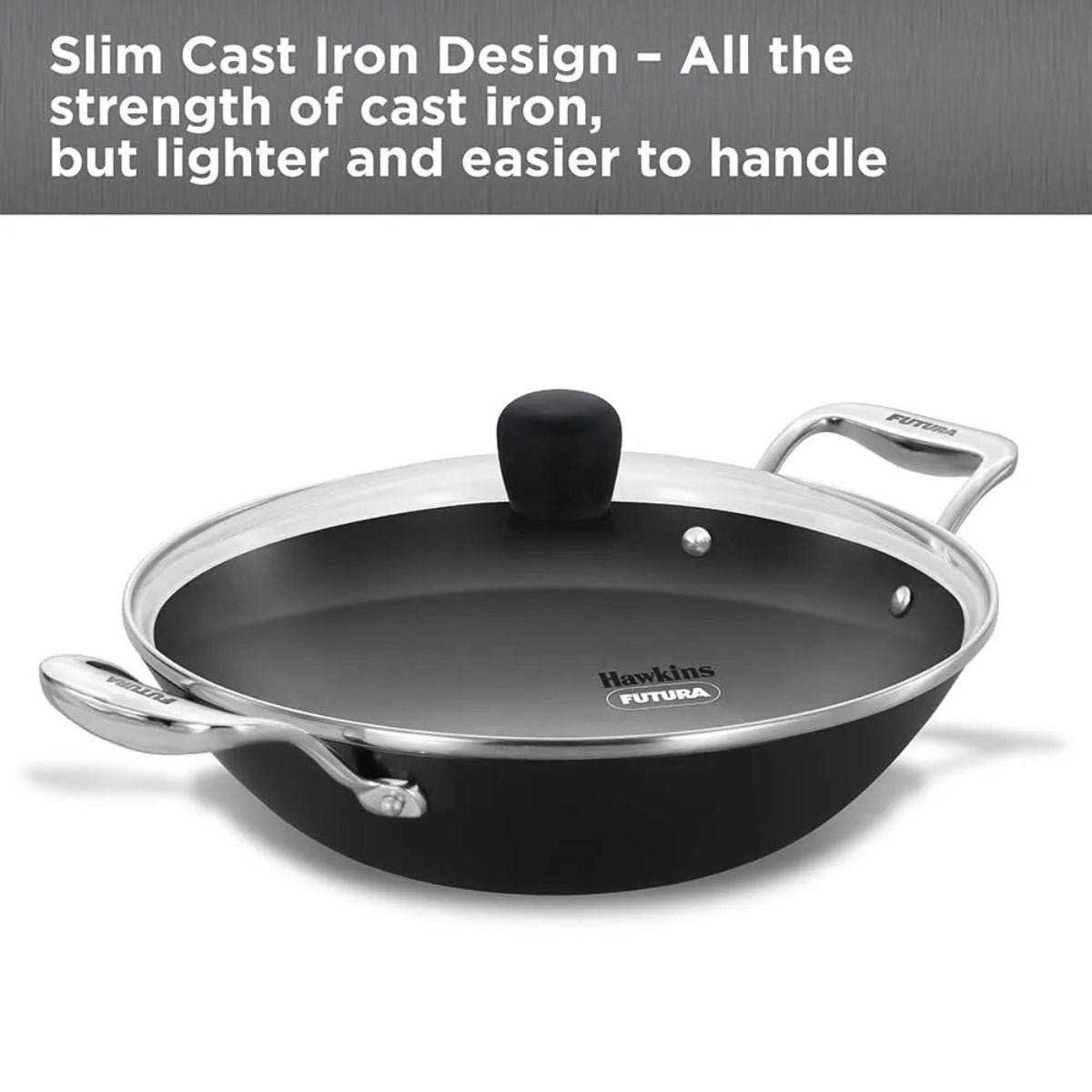 Futura By Hawkins Induction Compatible Futura Ironman Slim Cast Iron Kadhai 2.5 Litre with Glass Lid (IMK25G)