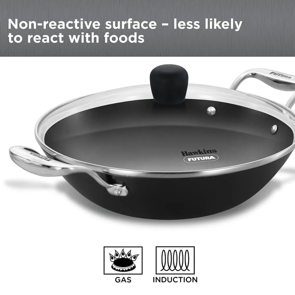 Futura By Hawkins Induction Compatible Futura Ironman Slim Cast Iron Kadhai 2.5 Litre with Glass Lid (IMK25G)