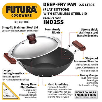 Futura By Hawkins  Induction Compatible Nonstick Deep Fry Pan 2.5 Litre with Stainless Steel Lid (Flat Bottom, 3.25 mm Thick)