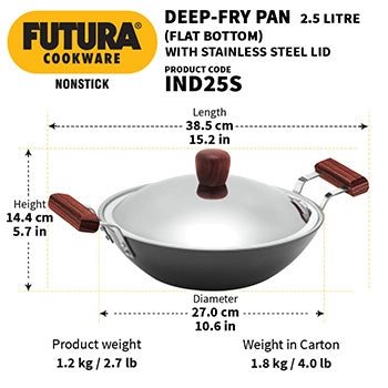 Futura By Hawkins  Induction Compatible Nonstick Deep Fry Pan 2.5 Litre with Stainless Steel Lid (Flat Bottom, 3.25 mm Thick)