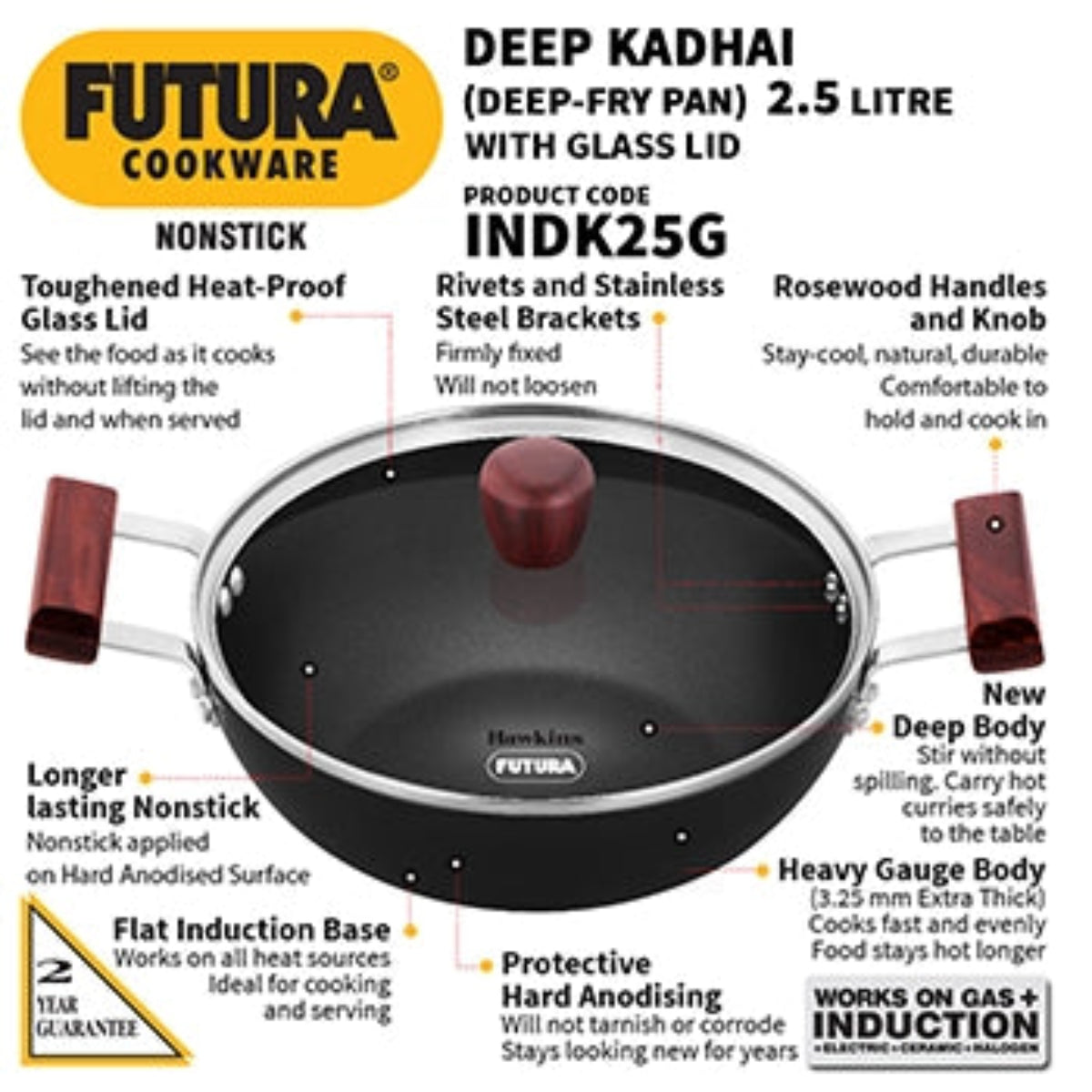 Futura By Hawkins Induction Compatible Nonstick  Kadhai  with Glass Lid