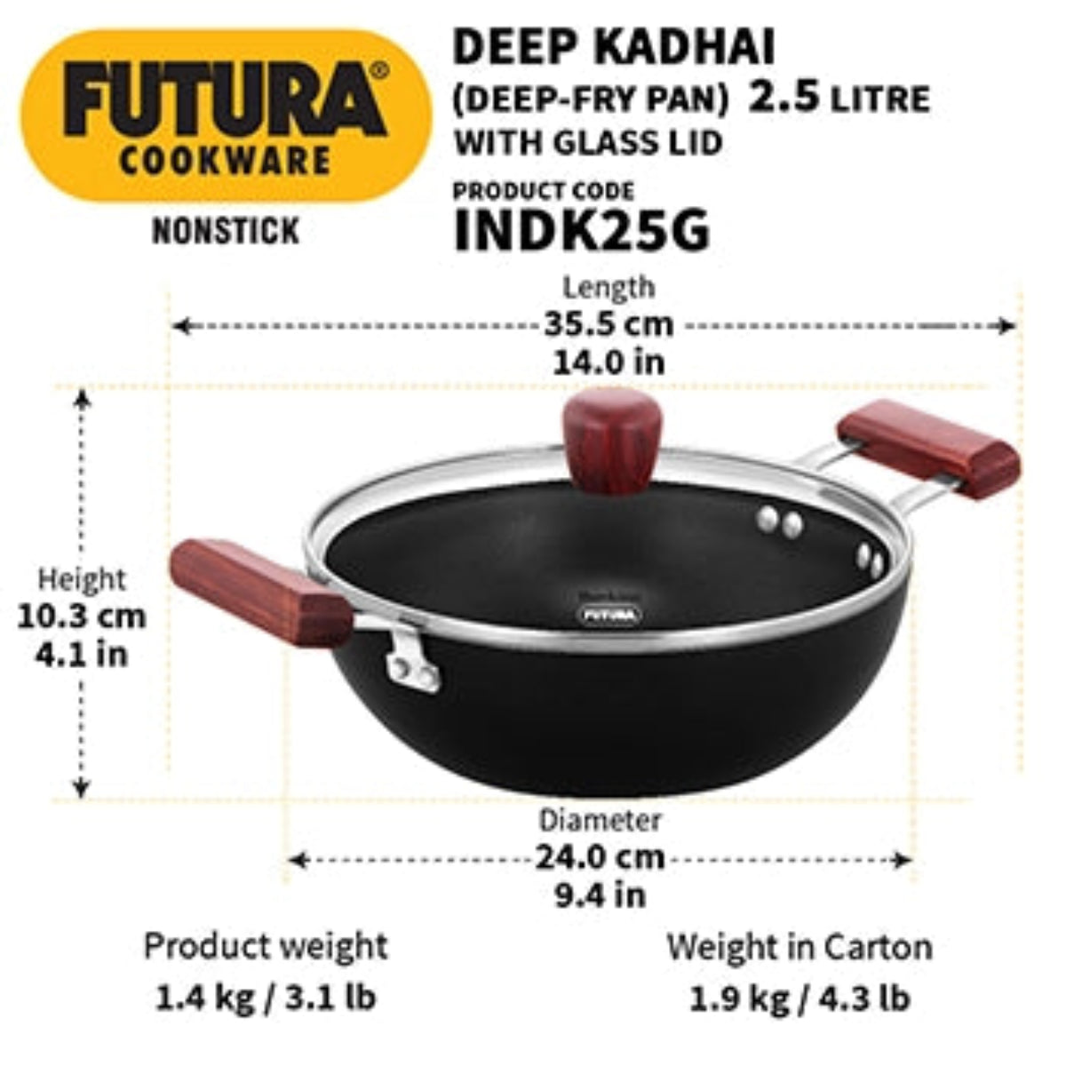 Futura By Hawkins Induction Compatible Nonstick  Kadhai  with Glass Lid