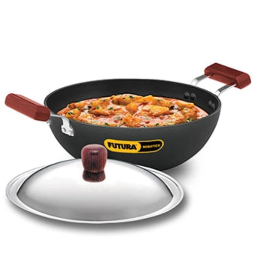 Futura By Hawkins Induction Compatible Nonstick Deep Kadhai 3.5 Litre with Stainless Steel Lid (Flat Bottom)