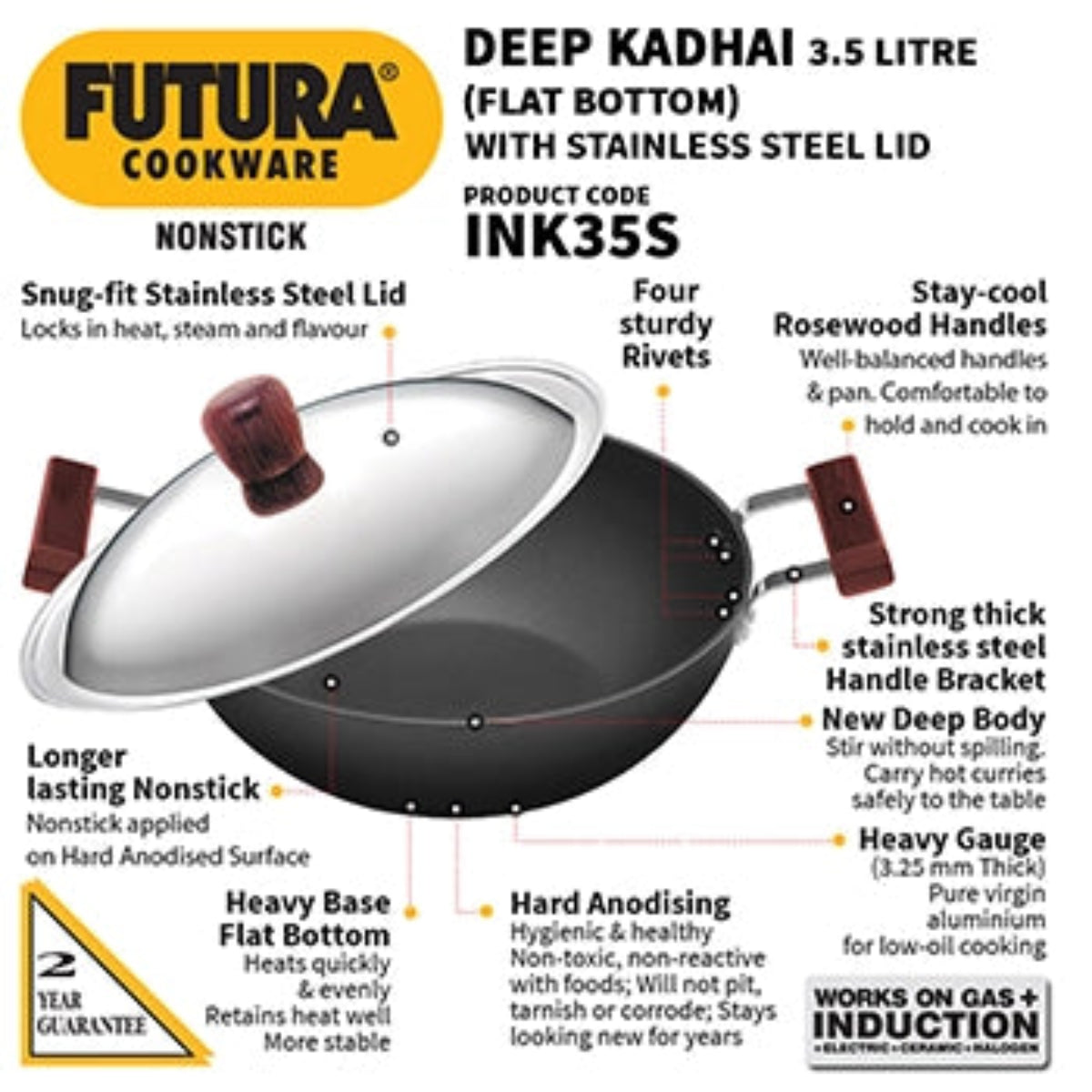 Futura By Hawkins Induction Compatible Nonstick Deep Kadhai 3.5 Litre with Stainless Steel Lid (Flat Bottom)