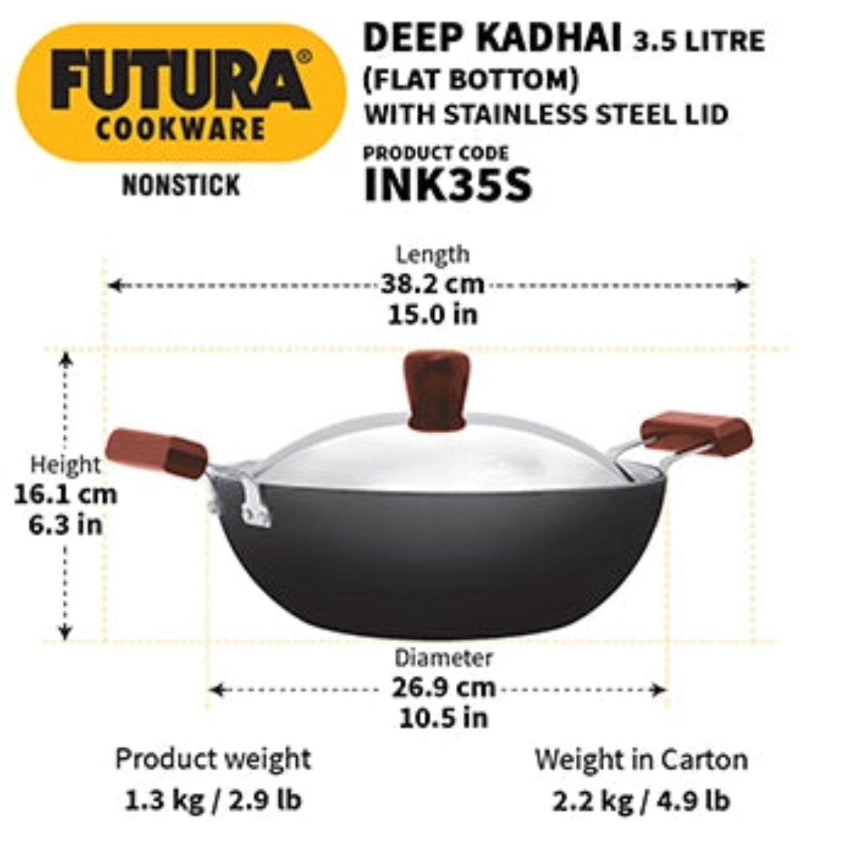 Futura By Hawkins Induction Compatible Nonstick Deep Kadhai 3.5 Litre with Stainless Steel Lid (Flat Bottom)