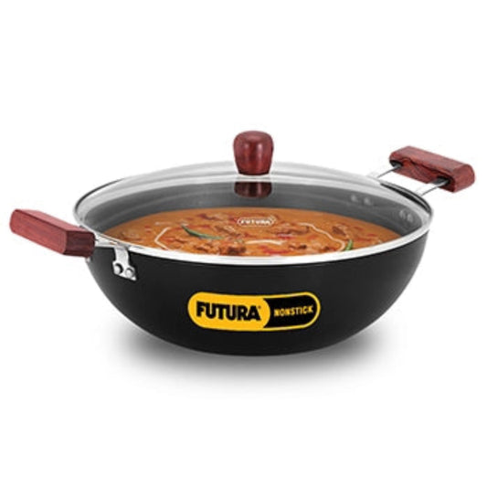 Futura By Hawkins Induction Compatible Nonstick Deep Kadhai 5 Litre with Glass Lid with 2 Short Handles
