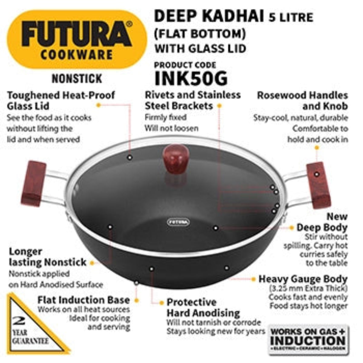 Futura By Hawkins Induction Compatible Nonstick Deep Kadhai 5 Litre with Glass Lid with 2 Short Handles