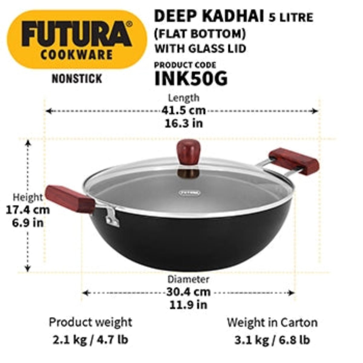 Futura By Hawkins Induction Compatible Nonstick Deep Kadhai 5 Litre with Glass Lid with 2 Short Handles