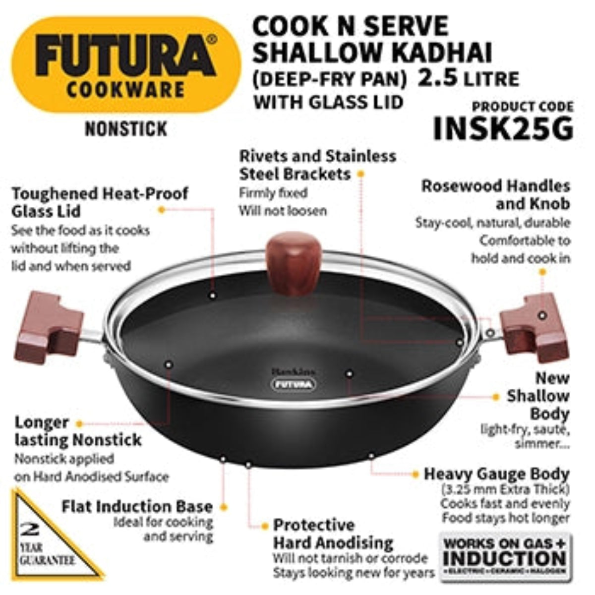Futura By Hawkins Induction Compatible Nonstick  Kadhai  with Glass Lid