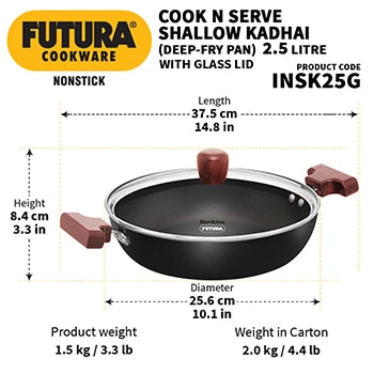 Futura By Hawkins Induction Compatible Nonstick  Kadhai  with Glass Lid
