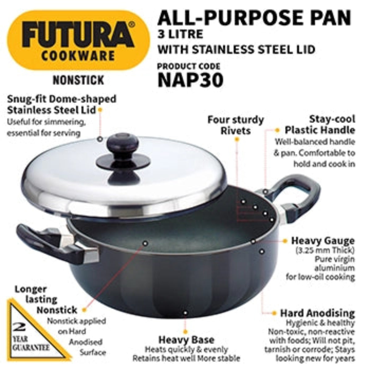 Futura by Hawkins Nonstick All Purpose Pan 3 Litre with Stainless Steel Lid