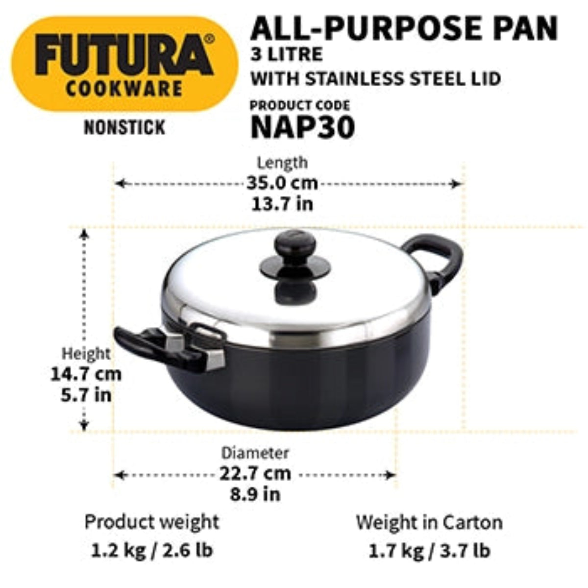 Futura by Hawkins Nonstick All Purpose Pan 3 Litre with Stainless Steel Lid