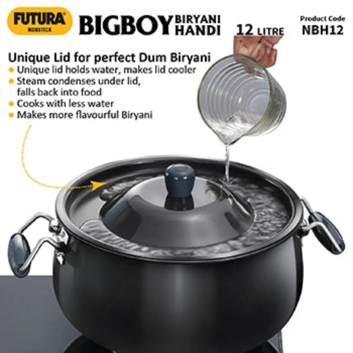 Futura By Hawkins Nonstick Biryani Handi 12 Litre with Hard Anodised Lid (4.06 mm Thick) (NBH12)