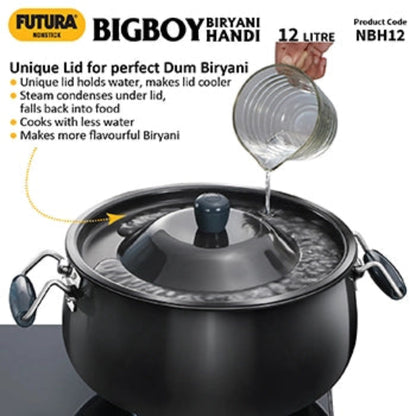 Futura By Hawkins Nonstick Biryani Handi 12 Litre with Hard Anodised Lid (4.06 mm Thick) (NBH12)