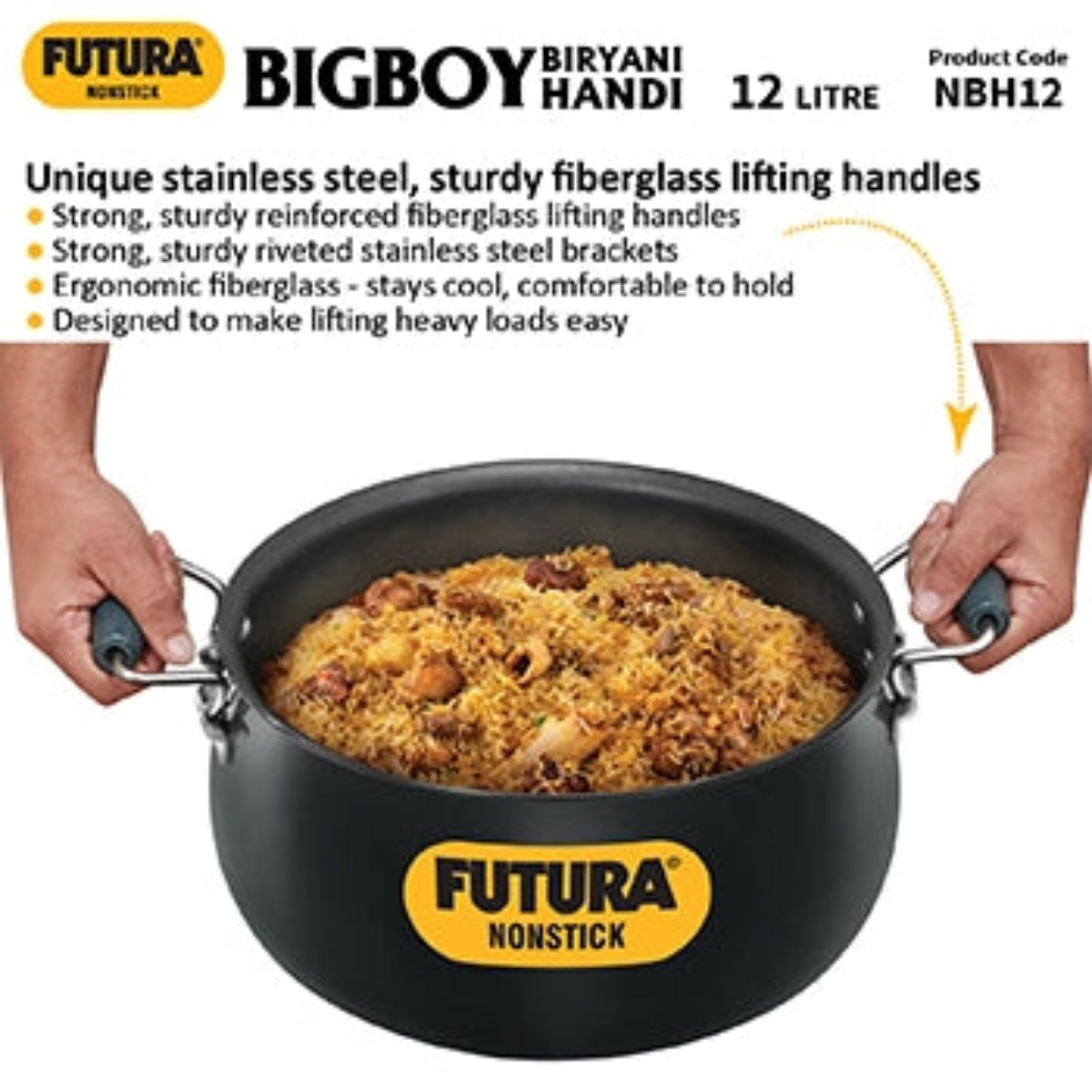 Futura By Hawkins Nonstick Biryani Handi 12 Litre with Hard Anodised Lid (4.06 mm Thick) (NBH12)