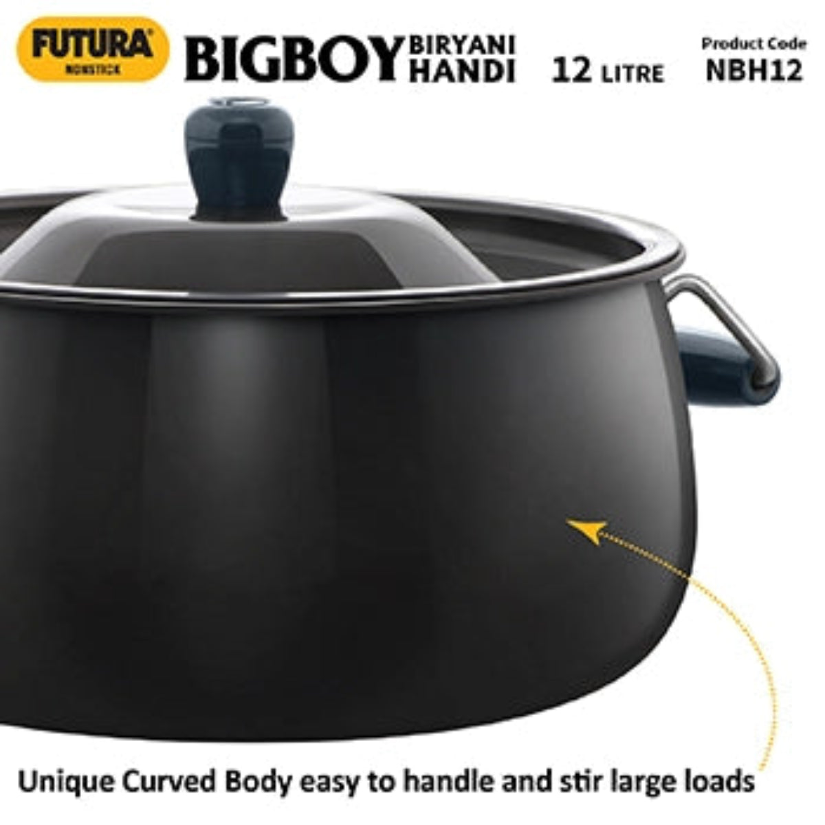Futura By Hawkins Nonstick Biryani Handi 12 Litre with Hard Anodised Lid (4.06 mm Thick) (NBH12)