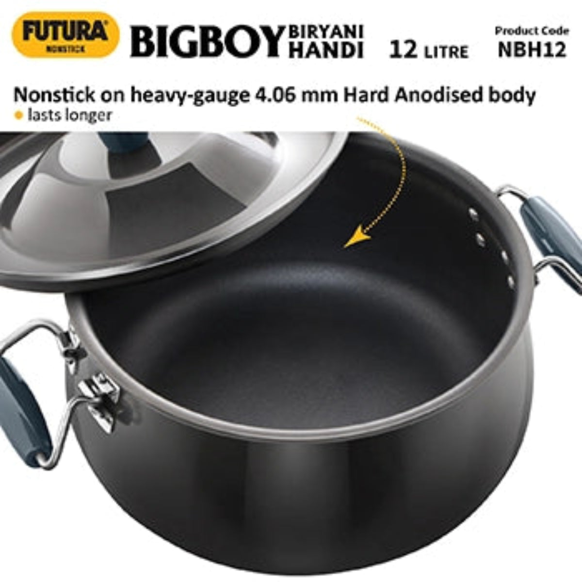Futura By Hawkins Nonstick Biryani Handi 12 Litre with Hard Anodised Lid (4.06 mm Thick) (NBH12)