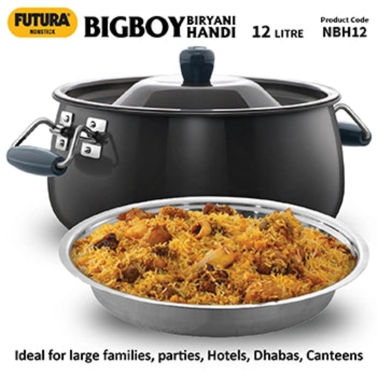 Futura By Hawkins Nonstick Biryani Handi 12 Litre with Hard Anodised Lid (4.06 mm Thick) (NBH12)