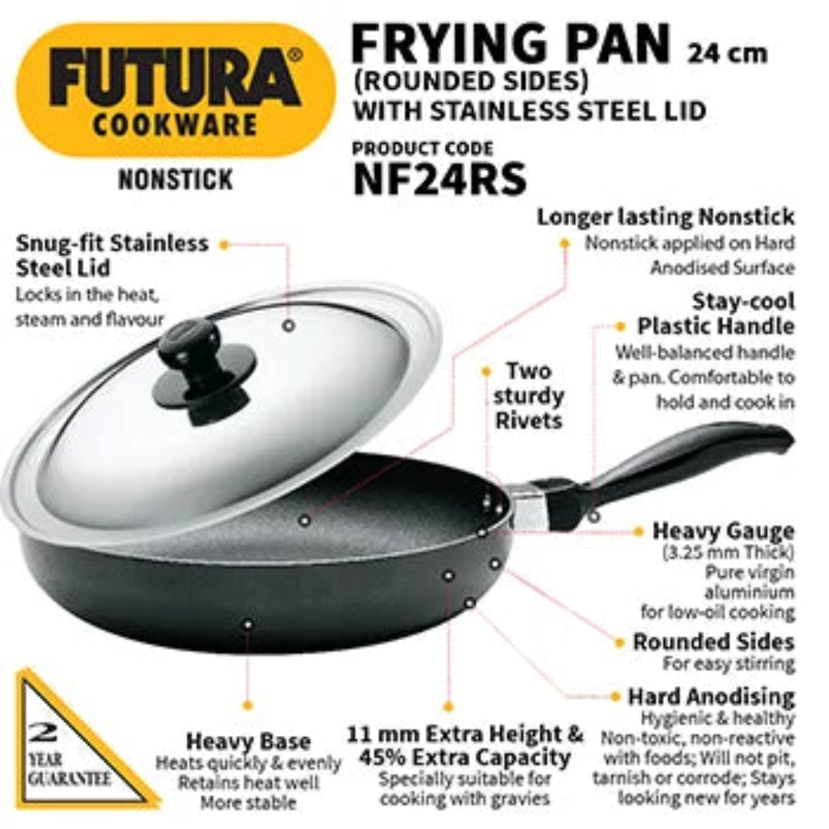 Hawkins Nonstick Frying Pan 24 cm with Stainless Steel Lid (Rounded Sides, 3.25 mm Thick)