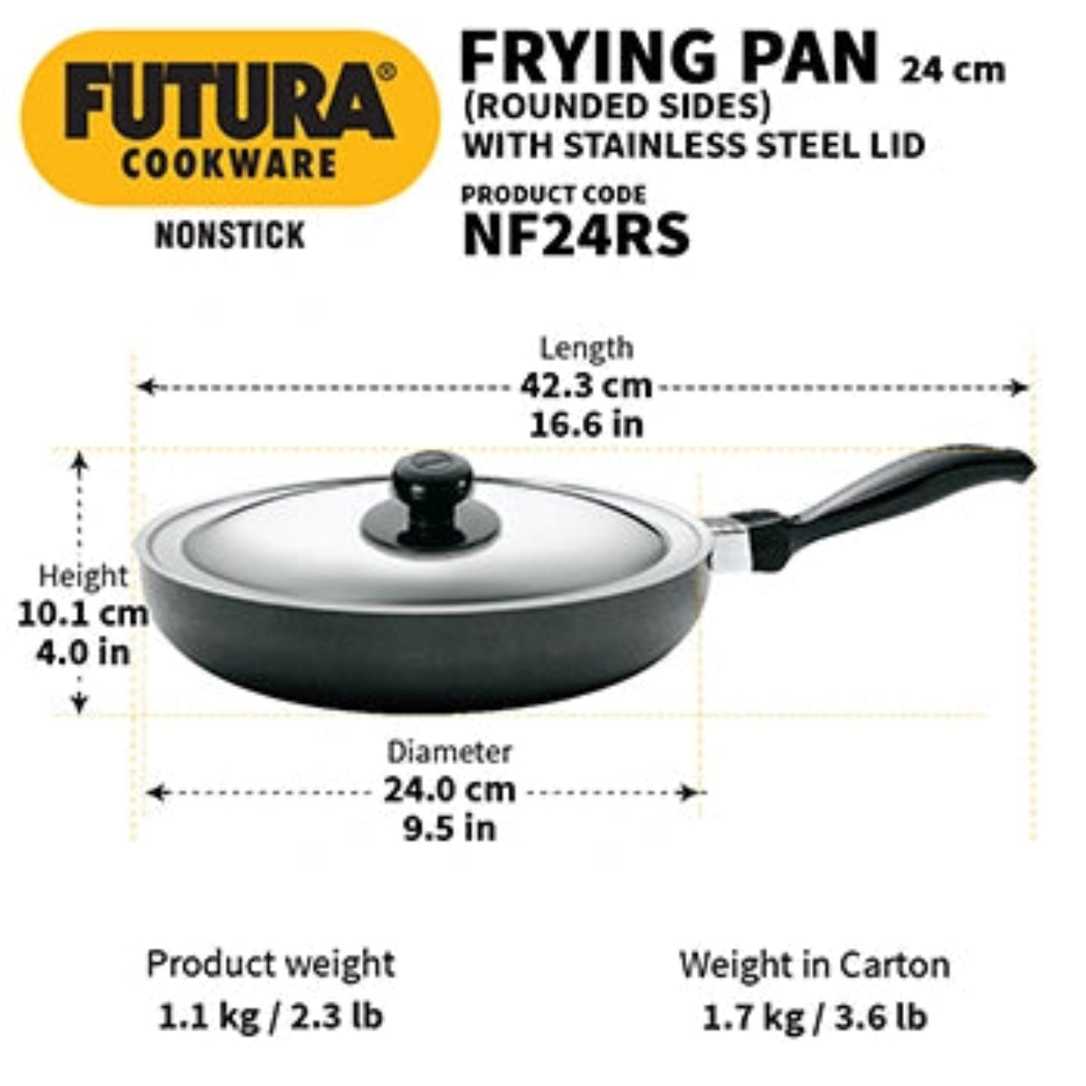 Hawkins Nonstick Frying Pan 24 cm with Stainless Steel Lid (Rounded Sides, 3.25 mm Thick)
