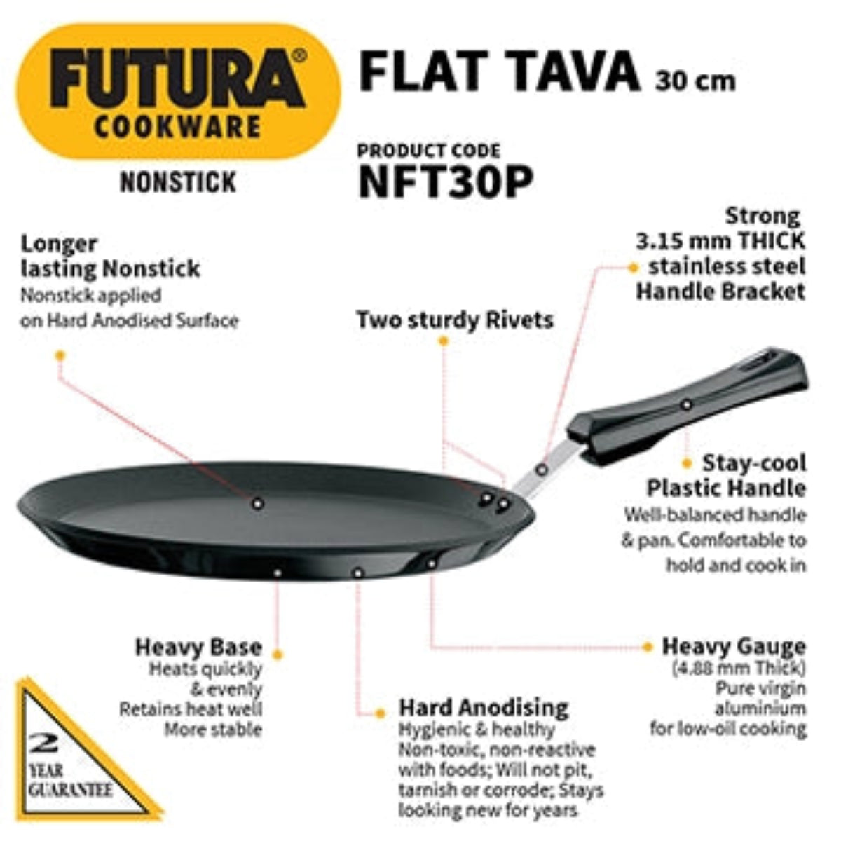 Futura By Hawkis Nonstick Flat Tava 30 cm (Plastic Handle, 4.88 mm Thick) (NFT30P)