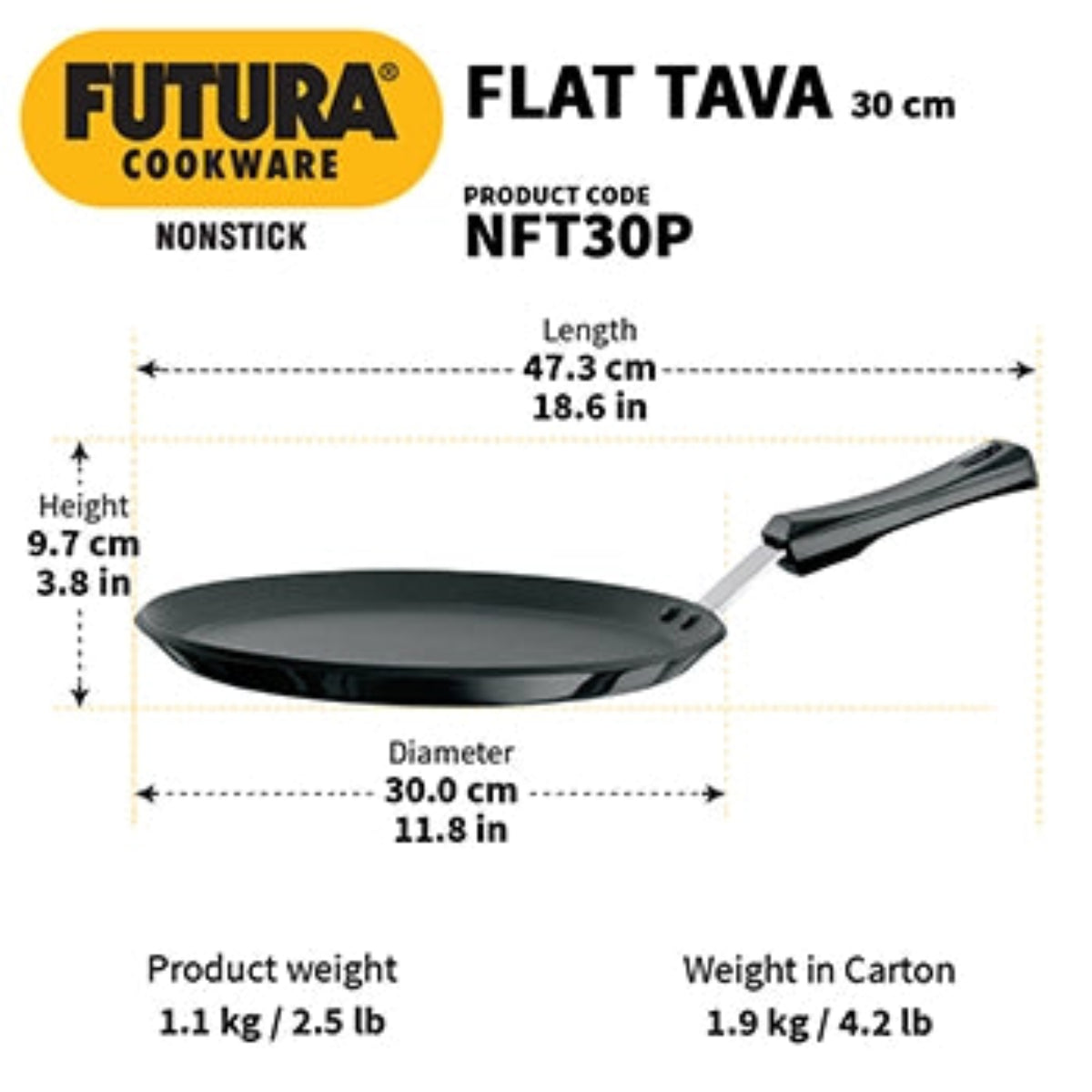 Futura By Hawkis Nonstick Flat Tava 30 cm (Plastic Handle, 4.88 mm Thick) (NFT30P)