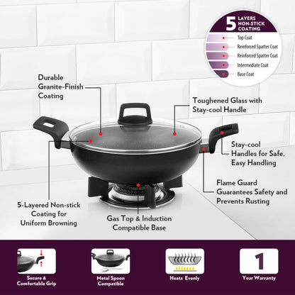 Borosil Granito Nonstick Kadhai With Glass Lid