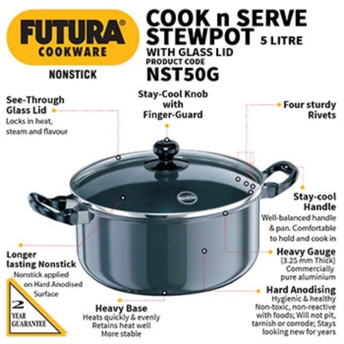 Futura By Hawkins Nonstick Cook-n-Serve Stewpot 5 Litre with Glass Lid (3.25 mm Thick)