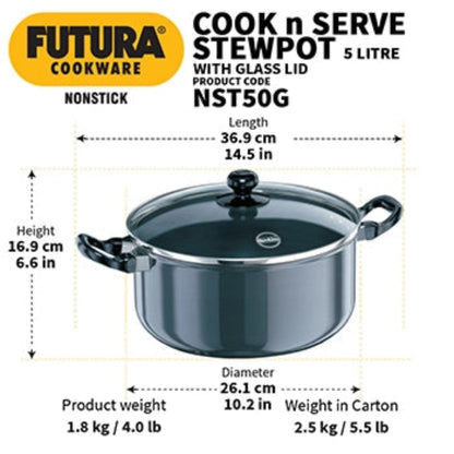 Futura By Hawkins Nonstick Cook-n-Serve Stewpot 5 Litre with Glass Lid (3.25 mm Thick)