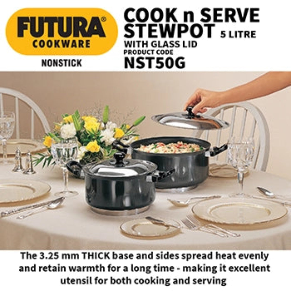 Futura By Hawkins Nonstick Cook-n-Serve Stewpot 5 Litre with Glass Lid (3.25 mm Thick)