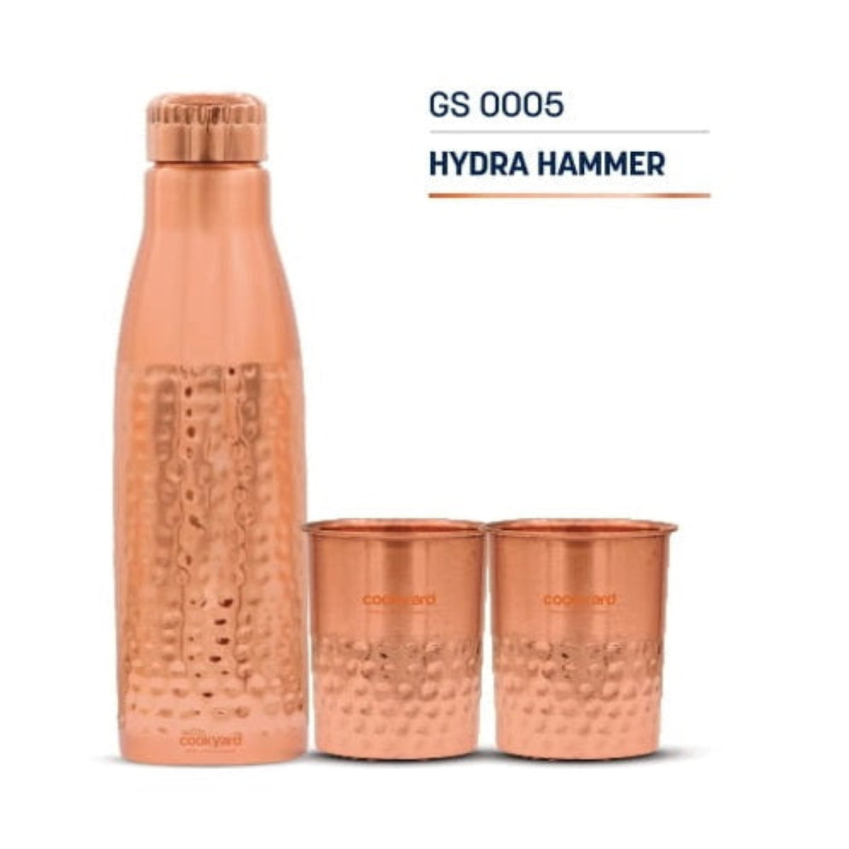 Cookyard Hydra Hammered Pure Copper Water Bottle & 2 Glass Set