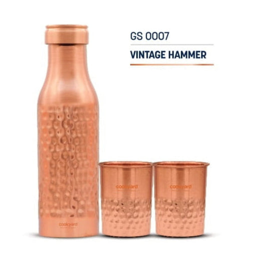 Cookyard Vintage Hammer Pure Copper Water Bottle & 2 Glass Set