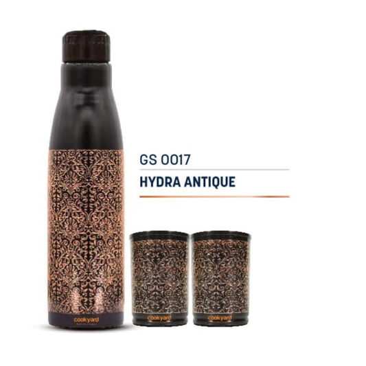 Cookyard Hydra Antique Pure Copper Water Bottle & 2 Set of Glass