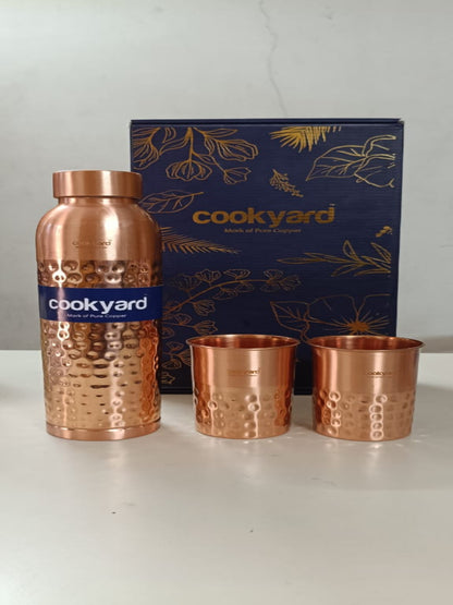 Cookyard Pearl Hammer Pure Copper Water Bottle & 2 Glass Set