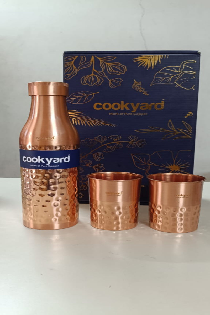 Cookyard Vintage Hammer Pure Copper Water Bottle & 2 Glass Set