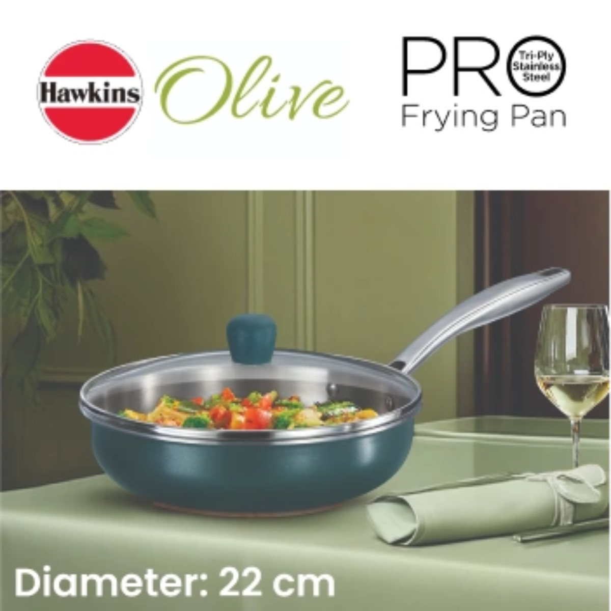 Hawkins Induction Compatible Olive PRO Frying Pan 22 cm with Glass Lid