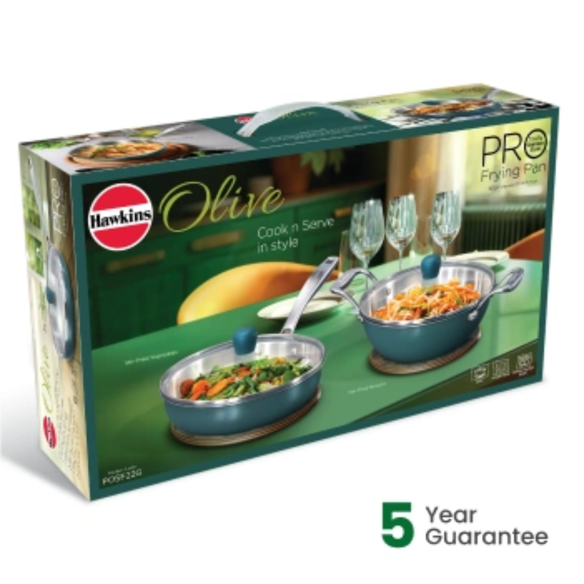 Hawkins Induction Compatible Olive PRO Frying Pan 22 cm with Glass Lid