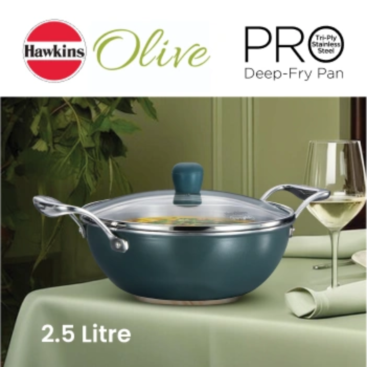 Hawkins Induction Compatible Olive PRO Deep-Fry Pan 2.5 Litre with Glass Lid 
