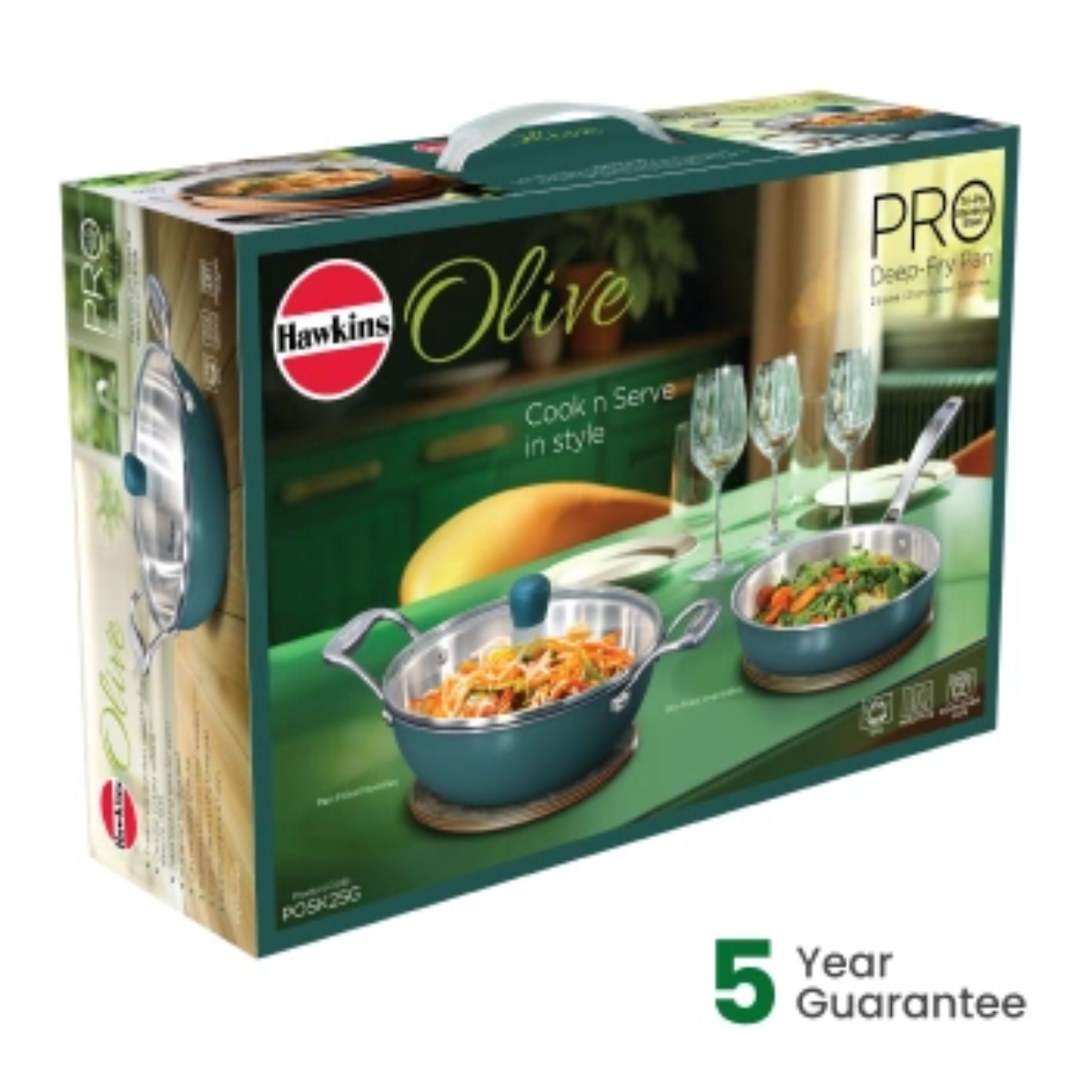 Hawkins Induction Compatible Olive PRO Deep-Fry Pan 2.5 Litre with Glass Lid 