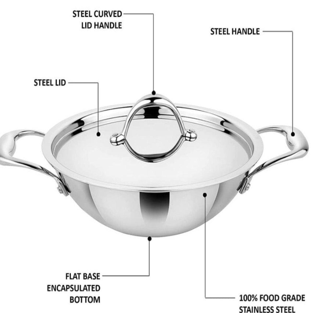 Prabha Ultima Triply Stainless Steel Kadai with Lid Heavy Base