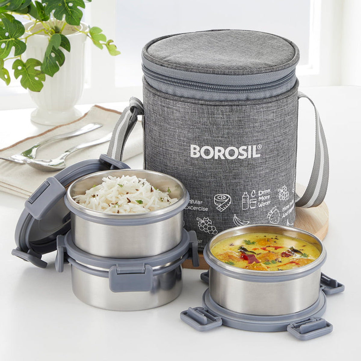 Borosil Slate Stainless Steel Lunch Box with Bag | 3 Pcs Round Container Set (280 ml Each) | Single Wall Lunch Box with Food Grade Steel | Leakproof & Dishwasher Safe | 1 Year Warranty