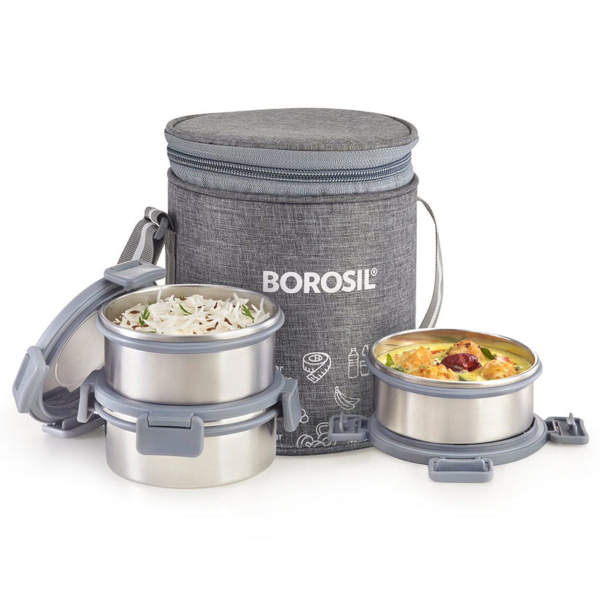 Borosil Slate Stainless Steel Lunch Box with Bag | 3 Pcs Round Container Set (280 ml Each) | Single Wall Lunch Box with Food Grade Steel | Leakproof & Dishwasher Safe | 1 Year Warranty