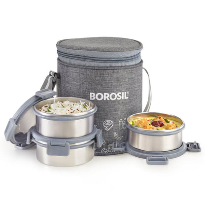 Borosil Slate Stainless Steel Lunch Box with Bag | 3 Pcs Round Container Set (280 ml Each) | Single Wall Lunch Box with Food Grade Steel | Leakproof & Dishwasher Safe | 1 Year Warranty