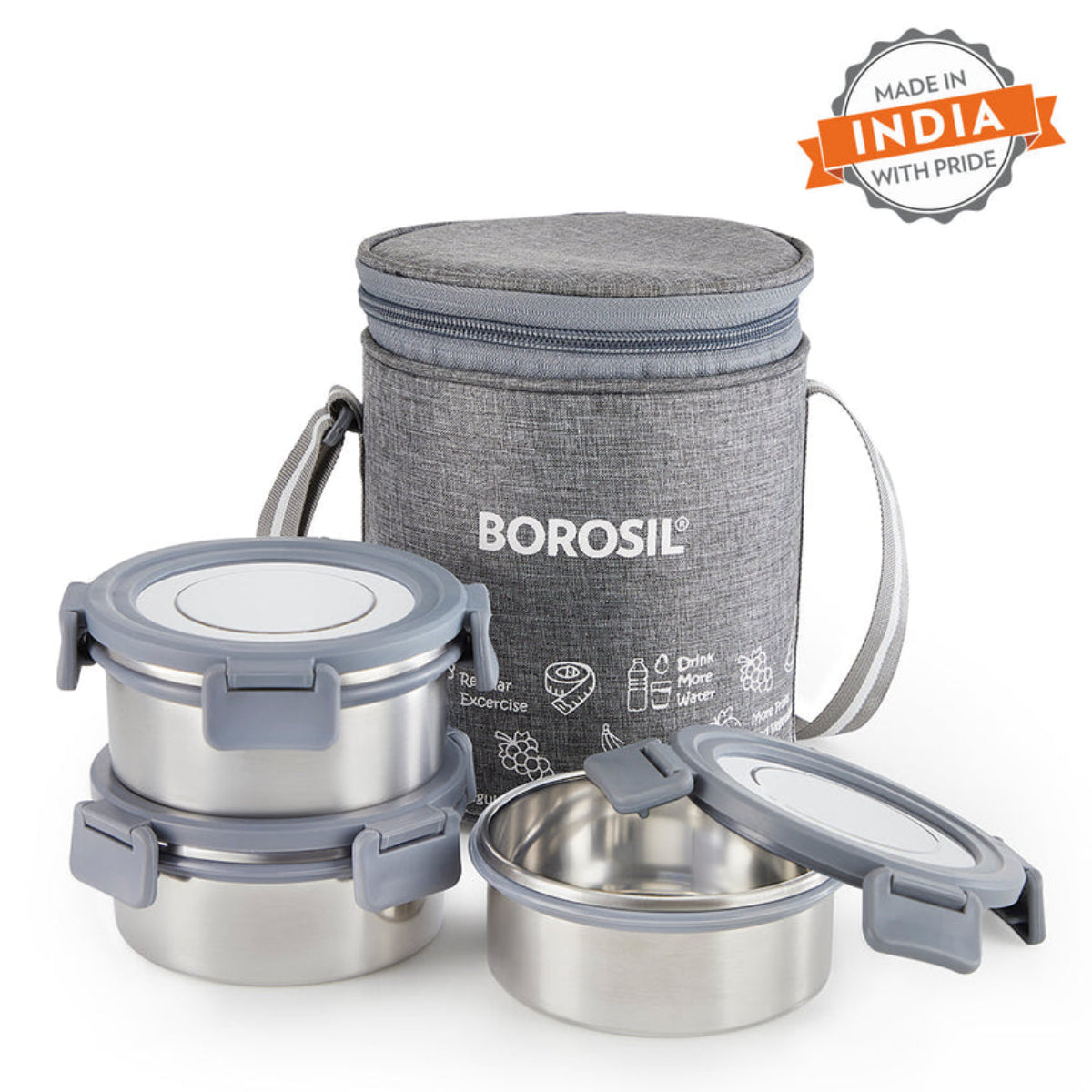 Borosil Slate Stainless Steel Lunch Box with Bag | 3 Pcs Round Container Set (280 ml Each) | Single Wall Lunch Box with Food Grade Steel | Leakproof & Dishwasher Safe | 1 Year Warranty