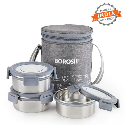 Borosil Slate Stainless Steel Lunch Box with Bag | 3 Pcs Round Container Set (280 ml Each) | Single Wall Lunch Box with Food Grade Steel | Leakproof & Dishwasher Safe | 1 Year Warranty