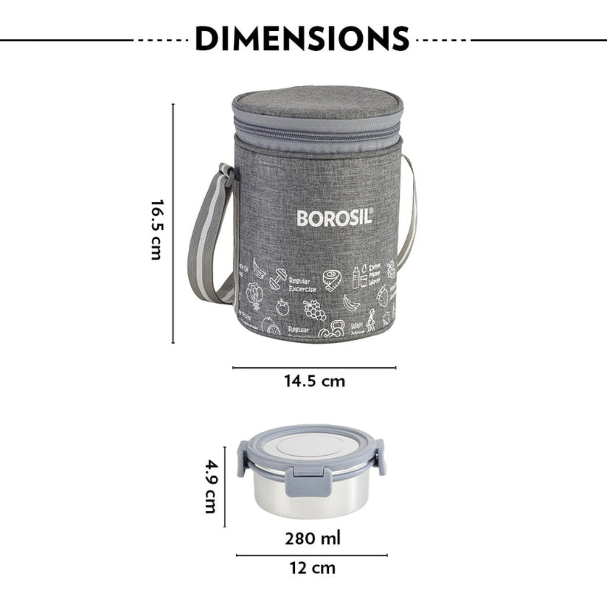 Borosil Slate Stainless Steel Lunch Box with Bag | 3 Pcs Round Container Set (280 ml Each) | Single Wall Lunch Box with Food Grade Steel | Leakproof & Dishwasher Safe | 1 Year Warranty