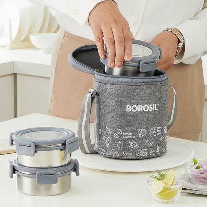 Borosil Slate Stainless Steel Lunch Box with Bag | 3 Pcs Round Container Set (280 ml Each) | Single Wall Lunch Box with Food Grade Steel | Leakproof & Dishwasher Safe | 1 Year Warranty