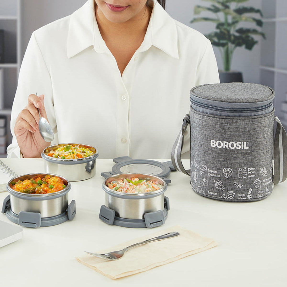 Borosil Slate Stainless Steel Lunch Box with Bag | 3 Pcs Round Container Set (280 ml Each) | Single Wall Lunch Box with Food Grade Steel | Leakproof & Dishwasher Safe | 1 Year Warranty